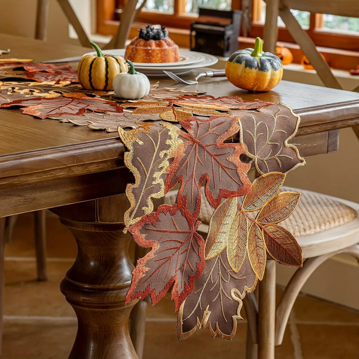 Autumn Maple Leaf Embroidered Table Runner - Two Sizes